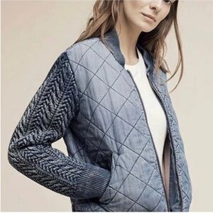 Cloth & Stone Blue Quilted Bomber Jacket with Knit Sleeves